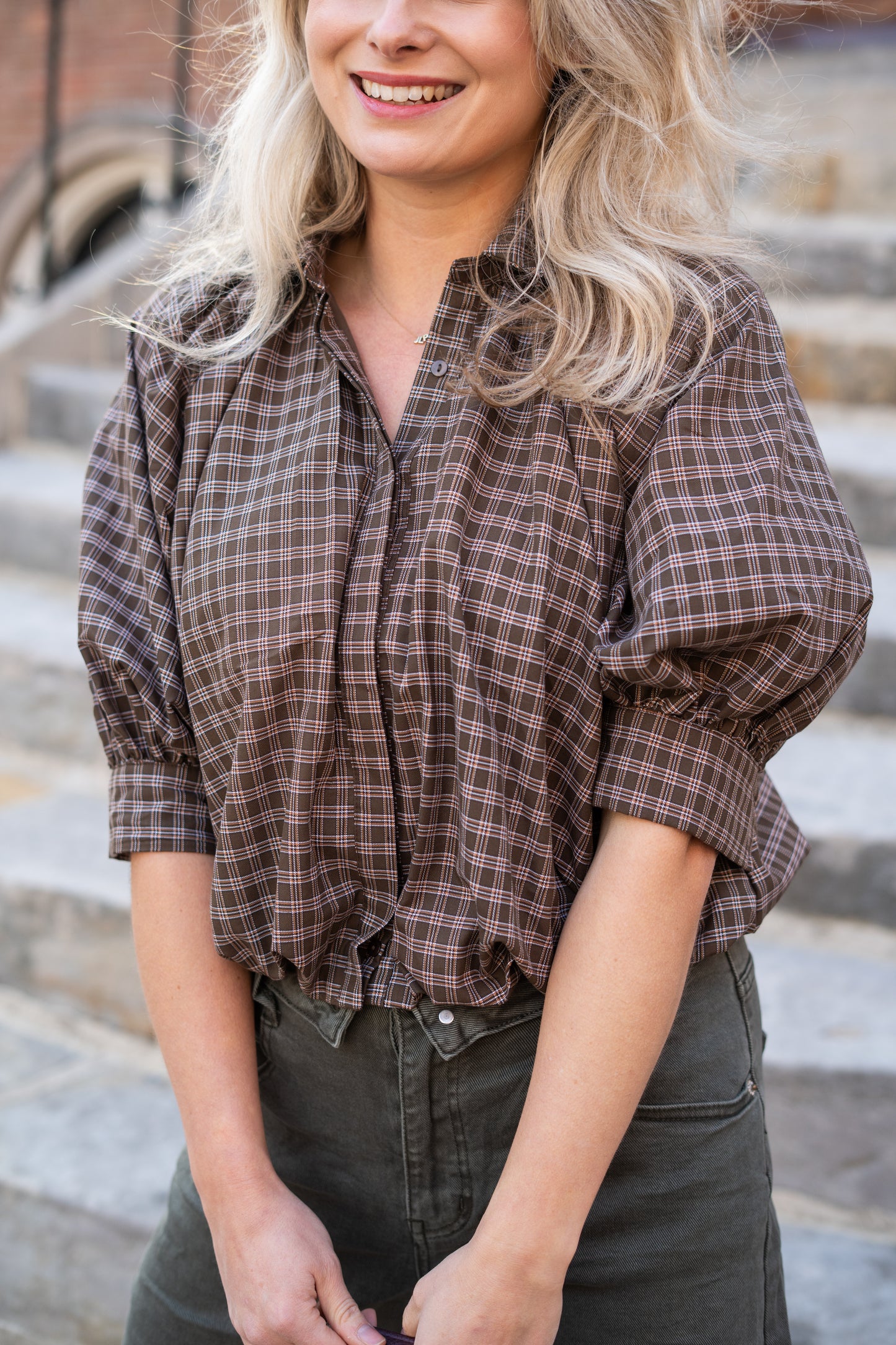 Blouse Nienke bruin oranje geblokt