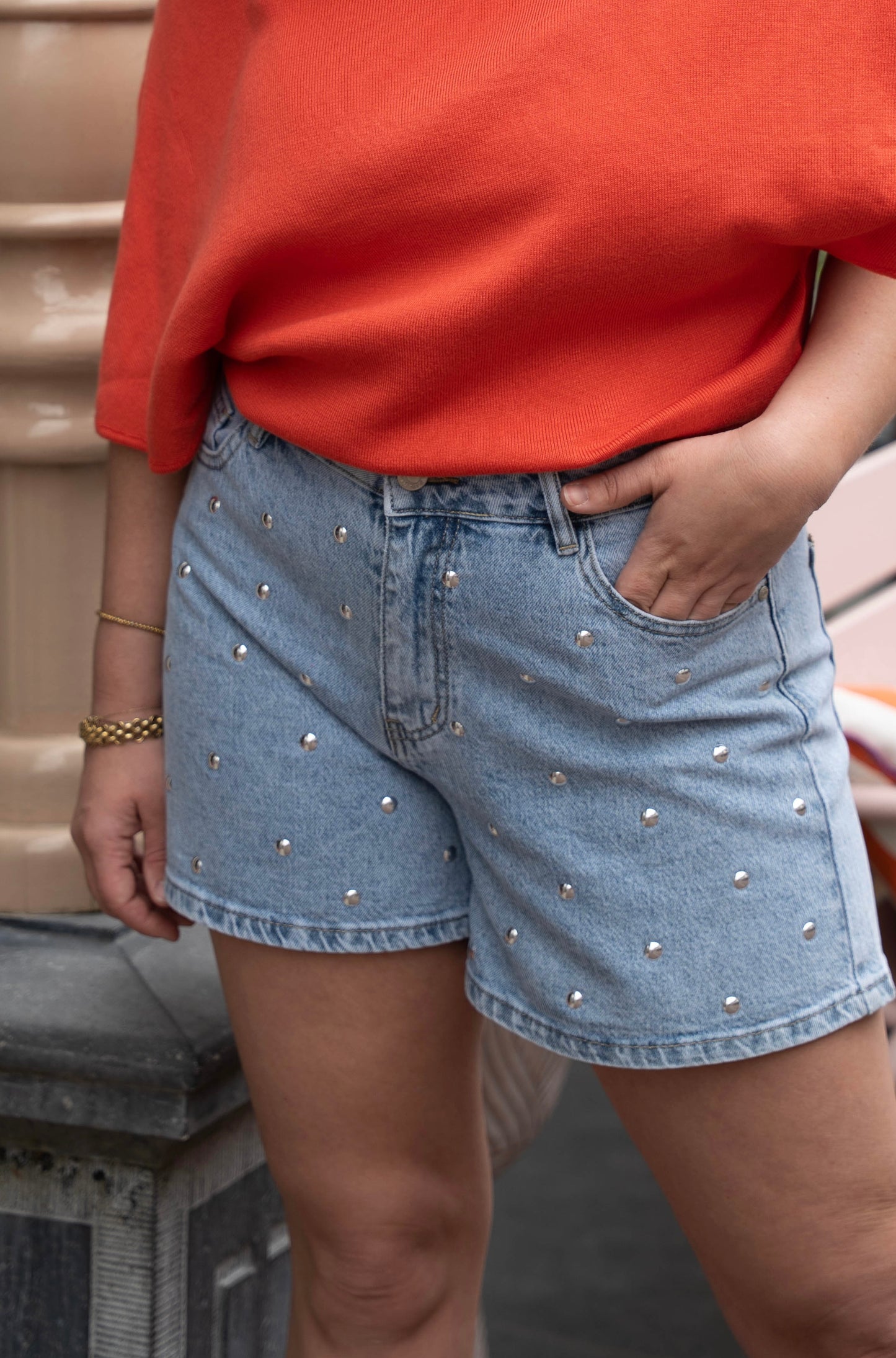 Denim short met studs Hieke