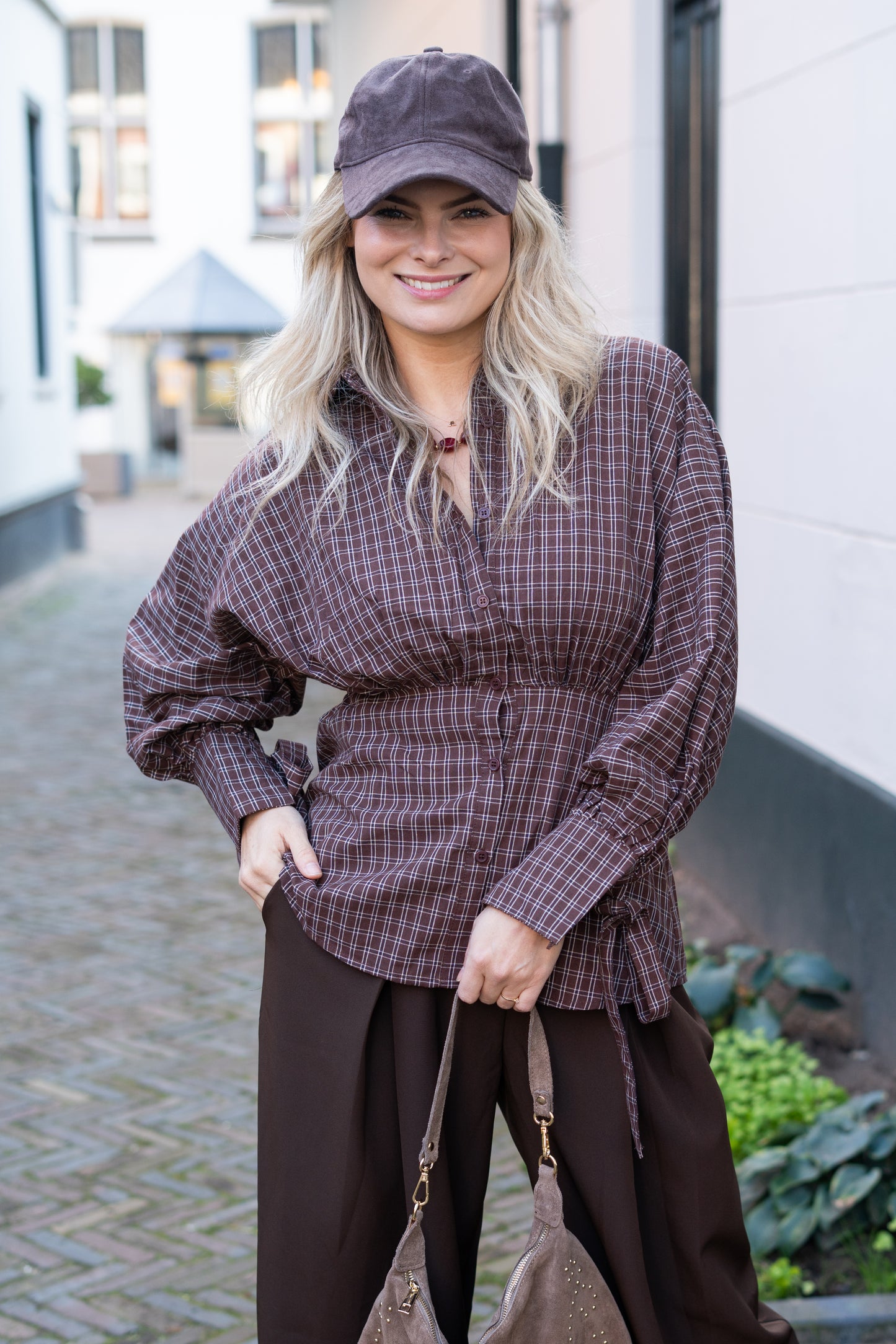 Blouse Rimke bruin geblokt