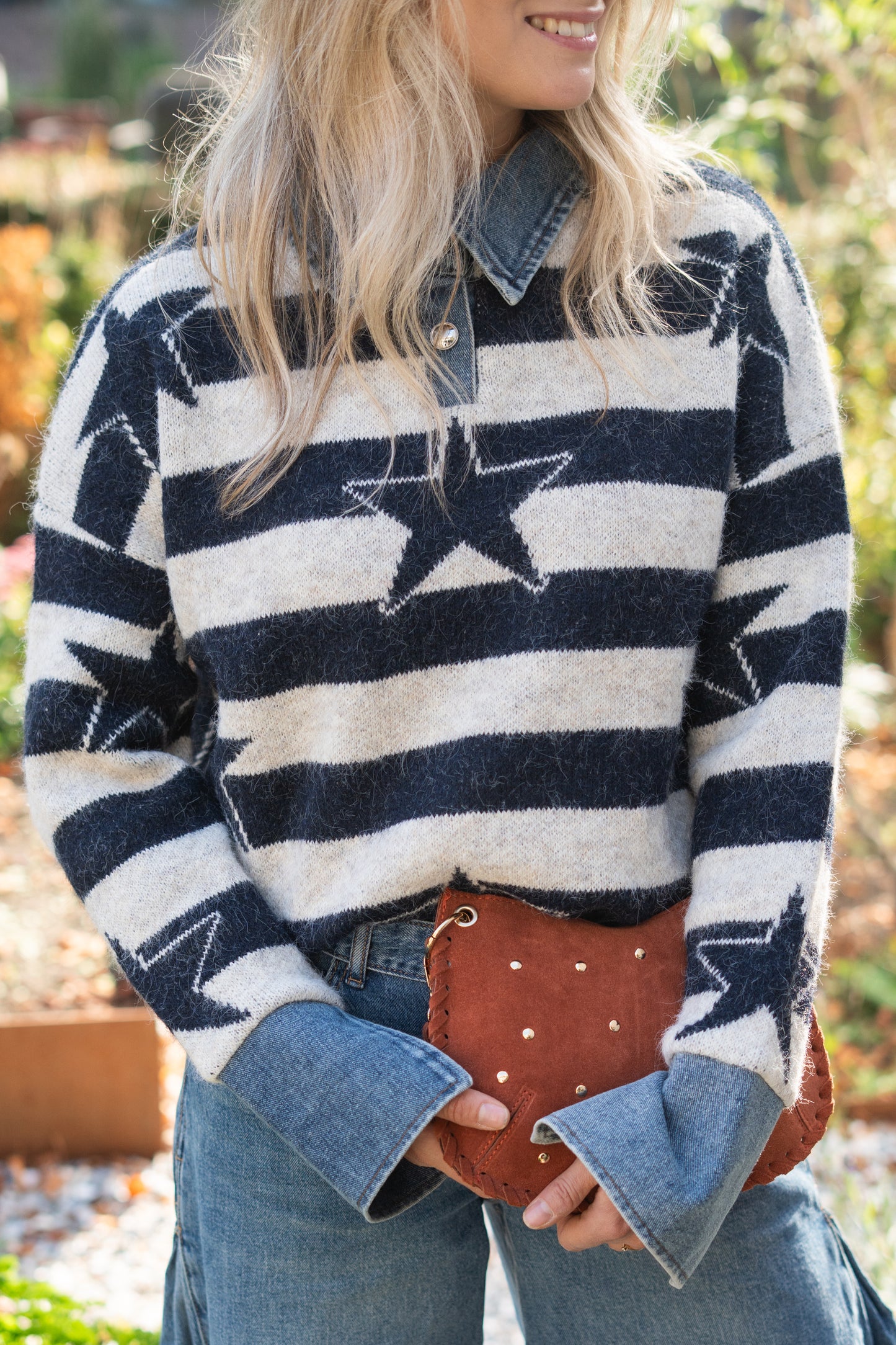 Sweater Star met denim kraag