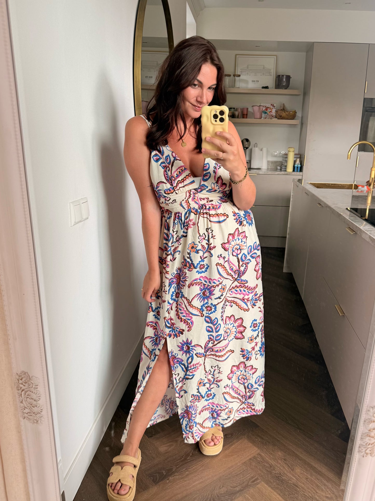 Blauw Roze Print Jurk Tessa