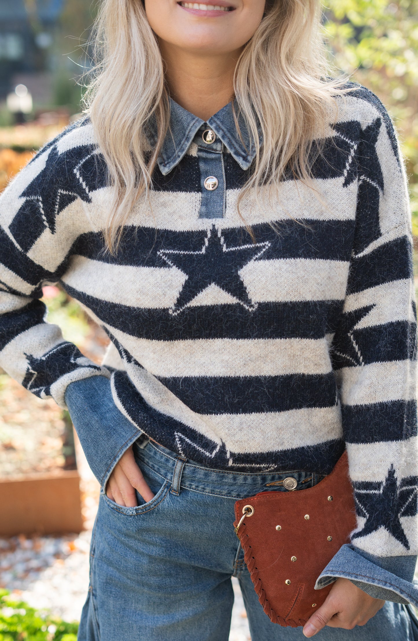 Sweater Star met denim kraag