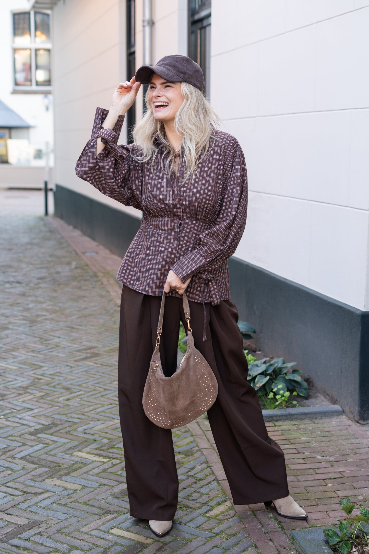 Blouse Rimke bruin geblokt