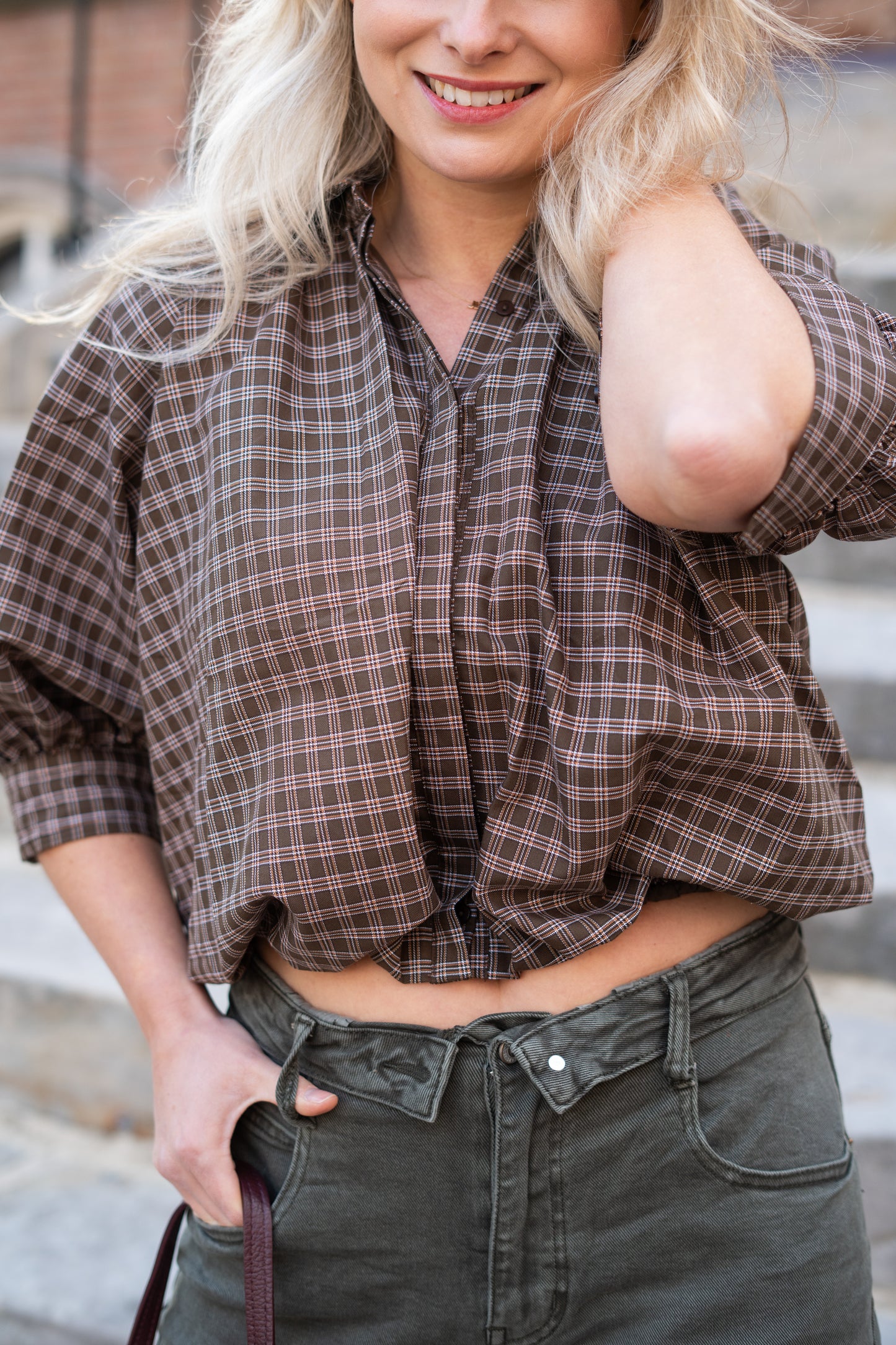 Blouse Nienke bruin oranje geblokt