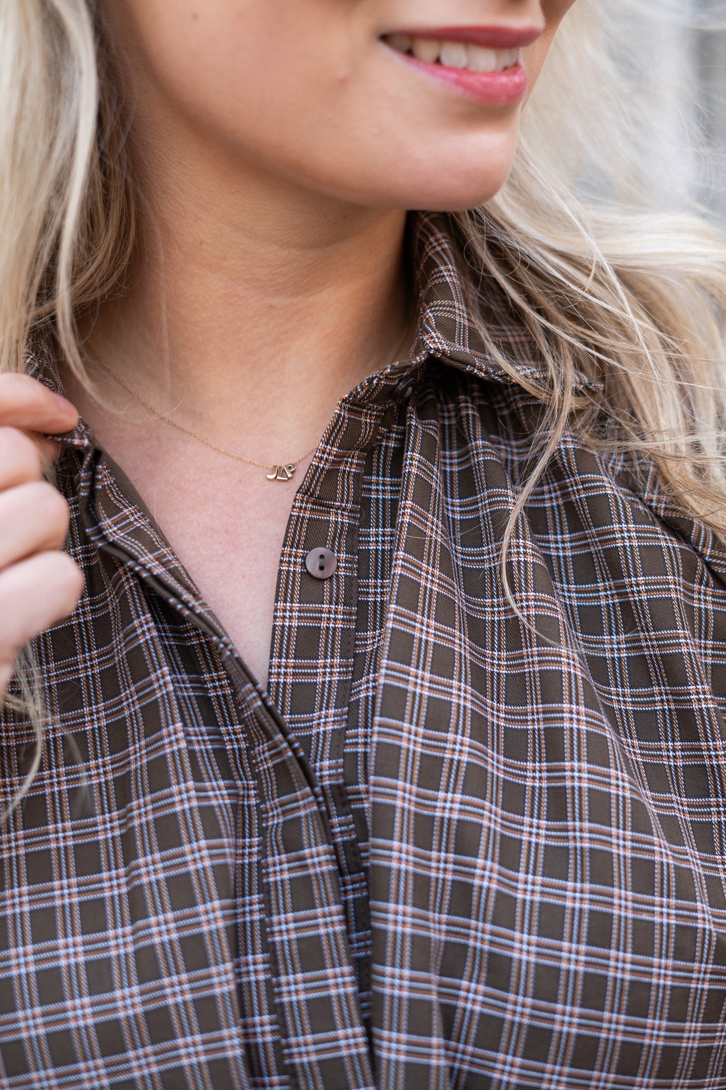 Blouse Nienke bruin oranje geblokt