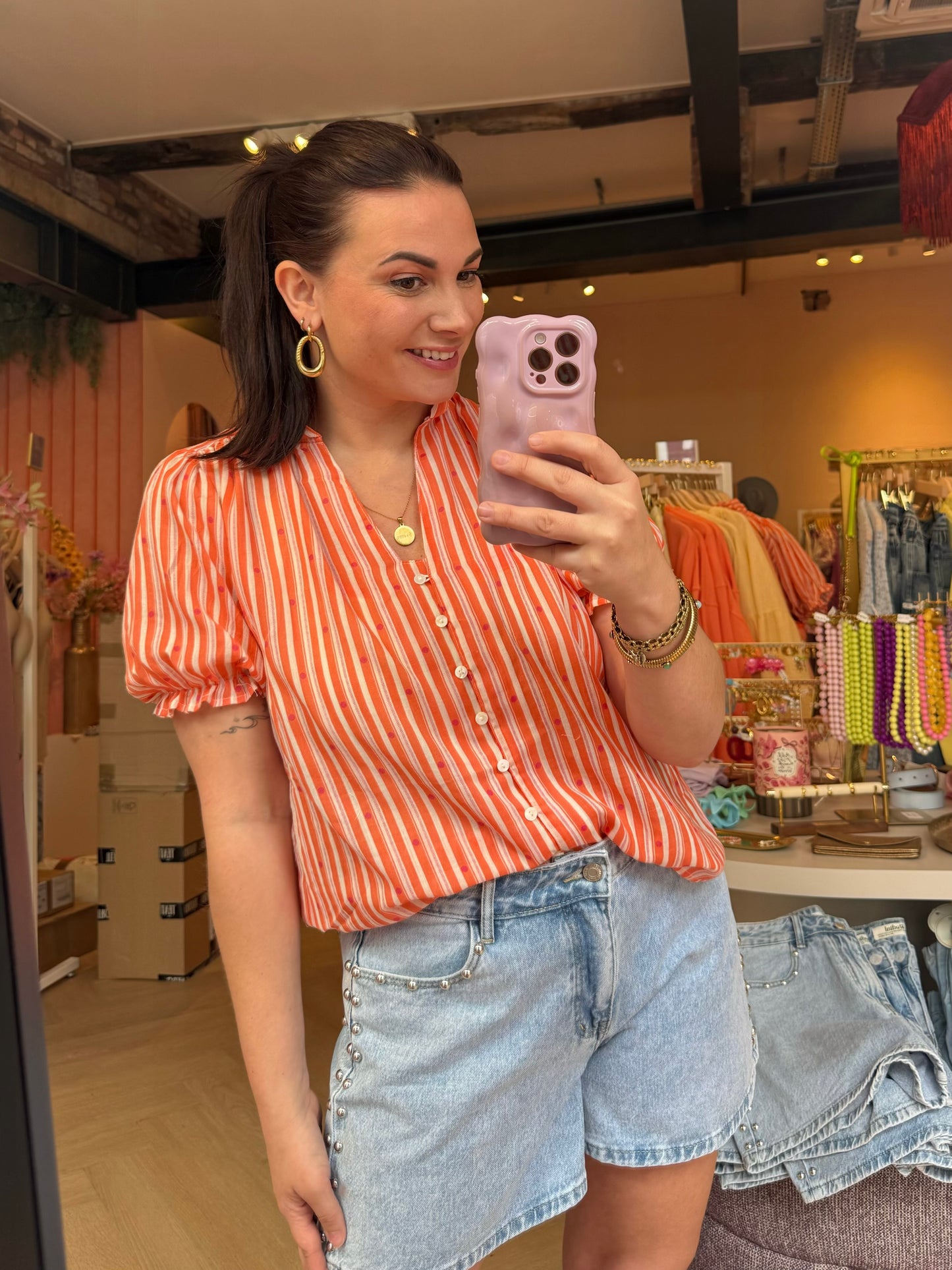 Oranje met Stippen Blouse Vikki