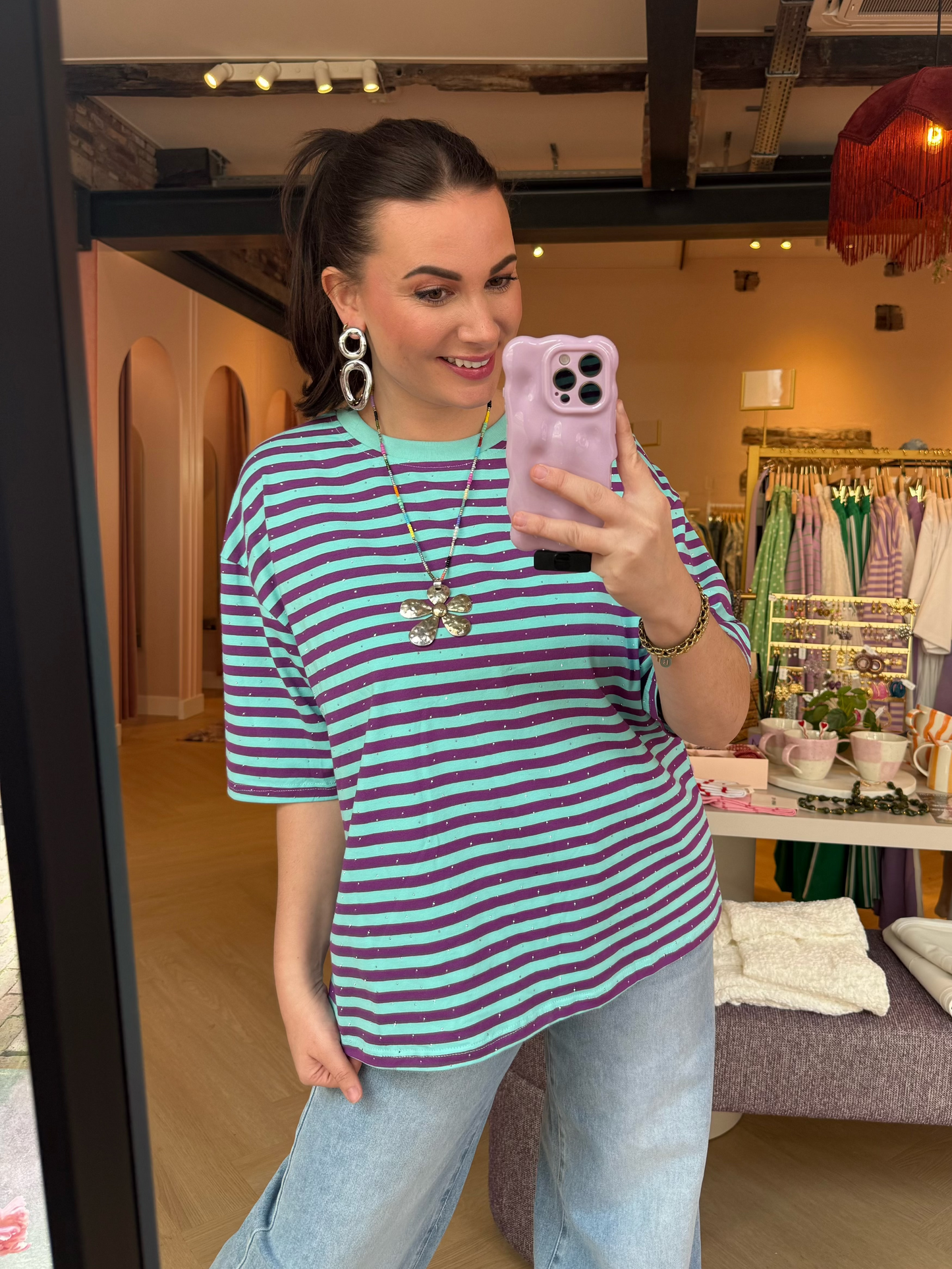 Turquoise met paarse stripes T-shirt Chrissy