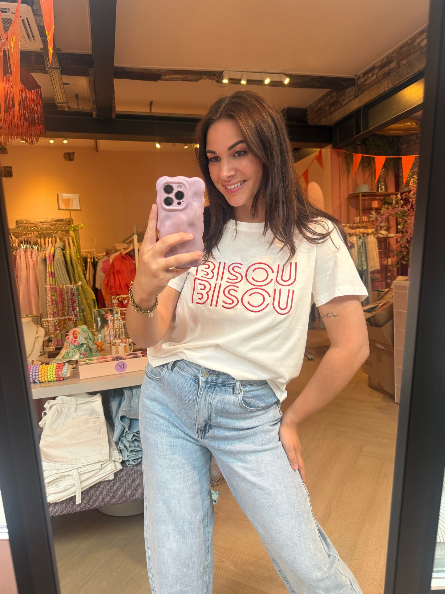 Wit met Rood T-shirt Bisou Bisou