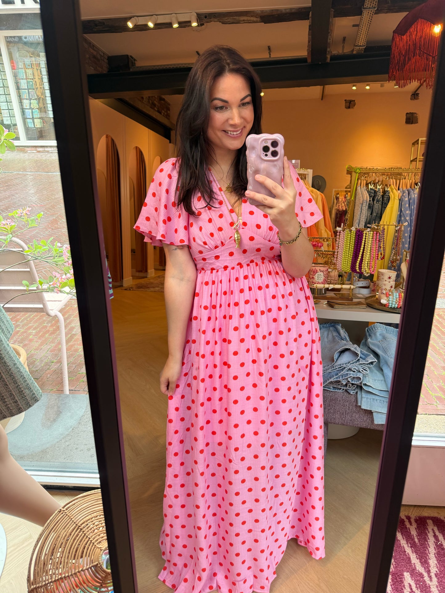 Roze met Oranje Stippen Jurk Loise