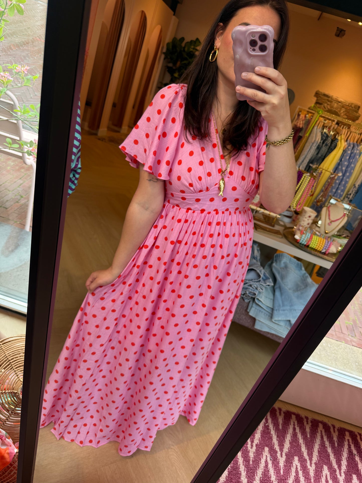 Roze met Oranje Stippen Jurk Loise